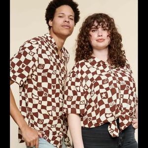 Earthbound Unisex brown checkered design button down shirt